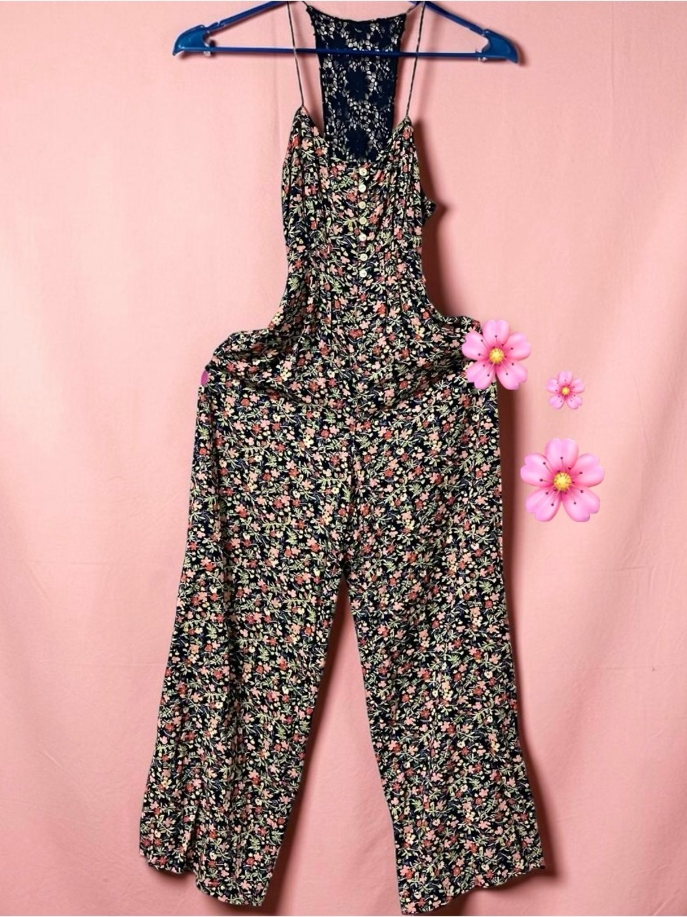 Free People Navy Floral Lace-Back/Crochet Wide-Leg Pants Jumpsuit Size 4